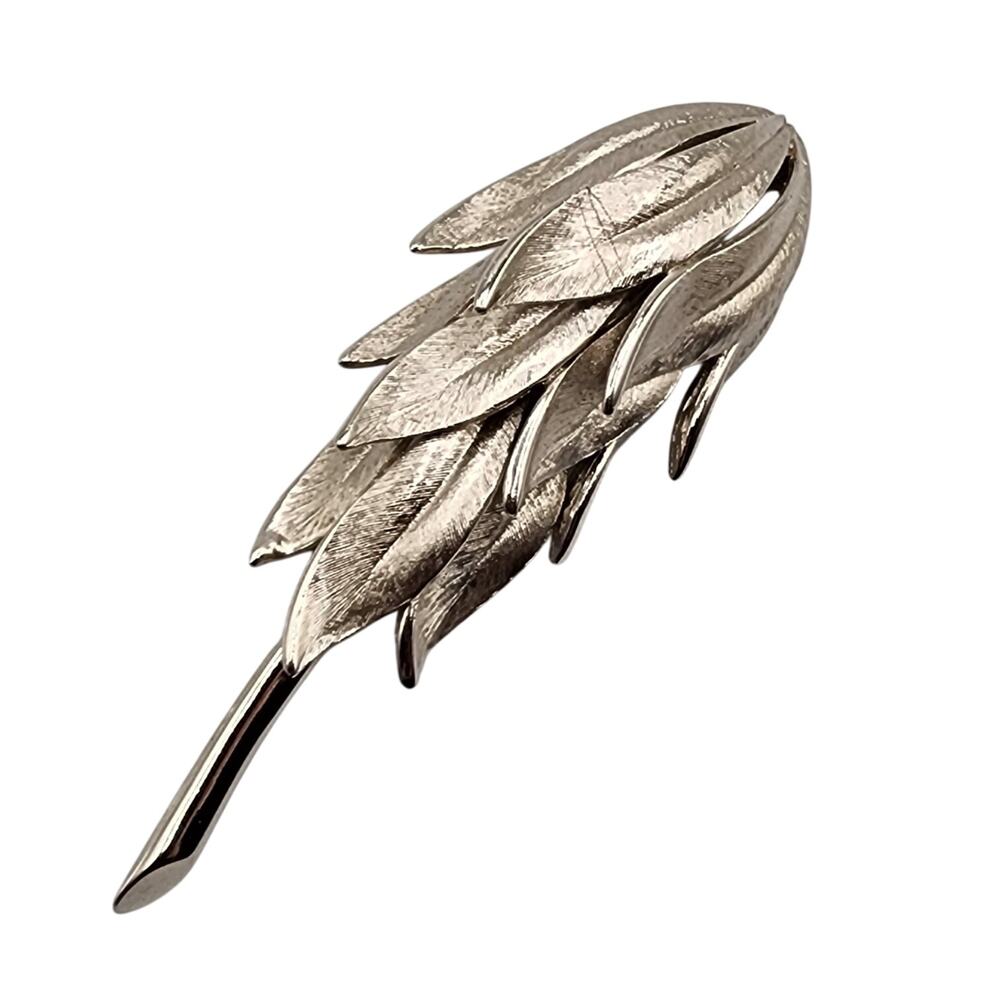 Vintage Kramer Silver Leaf Brooch 1950s Brushed Rhodium MCM Modernist Pin Signed